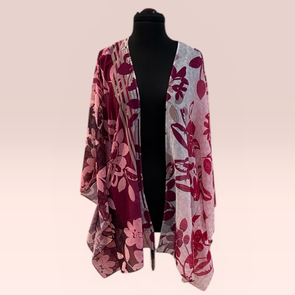Catherines Pink and Mauve Floral Sheer Wrap Kimono